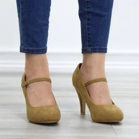 Taupe Suede Low Heel Rockabilly Pumps - Picture 7 of 11